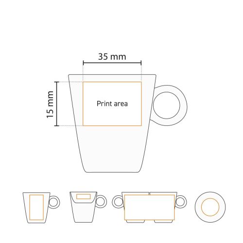 Technische werktekening van 7 cl. porseleinen espressoset met aanduiding drukgebied. Technische werktekening van 7 cl. porseleinen espressoset met aanduiding drukgebied.