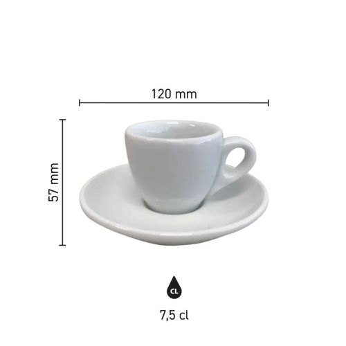 Infographic toont diameter en hoogte van porseleinen espresso set 7 cl. Infographic toont diameter en hoogte van porseleinen espresso set 7 cl.