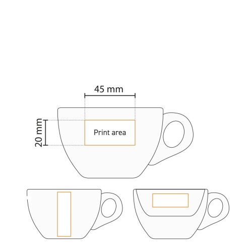 Technische werktekening toont het drukgebied op porseleinen koffiekop 15 cl. Technische werktekening toont het drukgebied op porseleinen koffiekop 15 cl.