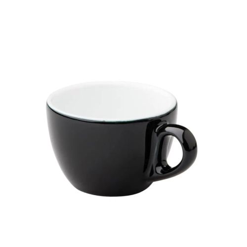 Porseleinen koffiekop van 15 cl. in zwart-wit, afgebeeld in vooraanzicht met klassiek model. Porseleinen koffiekop van 15 cl. in zwart-wit, afgebeeld in vooraanzicht met klassiek model.