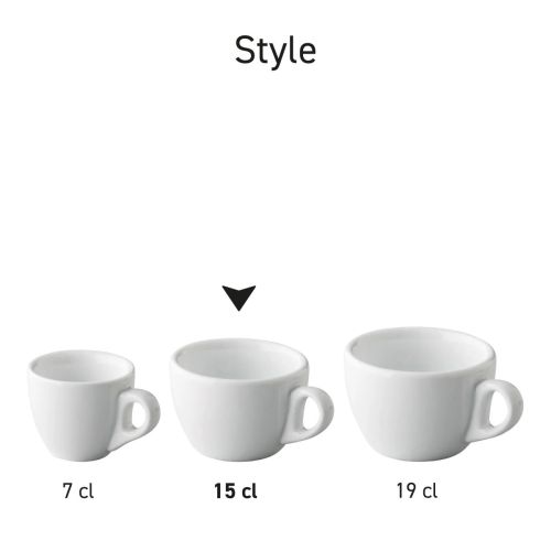 Serie-opstelling van meerdere Style Koffie koppen 15 cl. porselein in wit. Serie-opstelling van meerdere Style Koffie koppen 15 cl. porselein in wit.