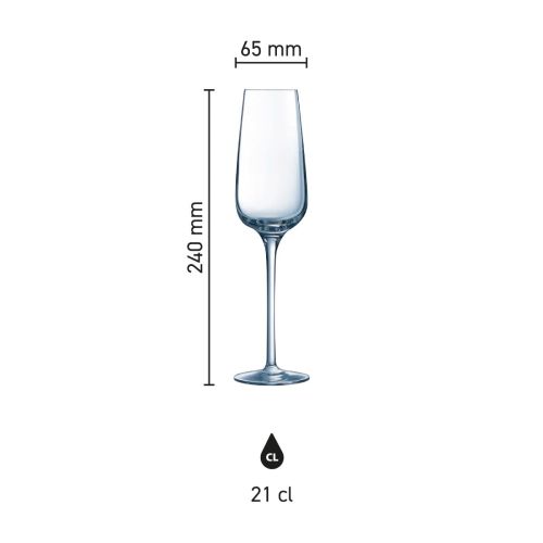 Infographic met productafmetingen van het Sublym champagneglas 21 cl, inclusief hoogte en diameter. Infographic met productafmetingen van het Sublym champagneglas 21 cl, inclusief hoogte en diameter.