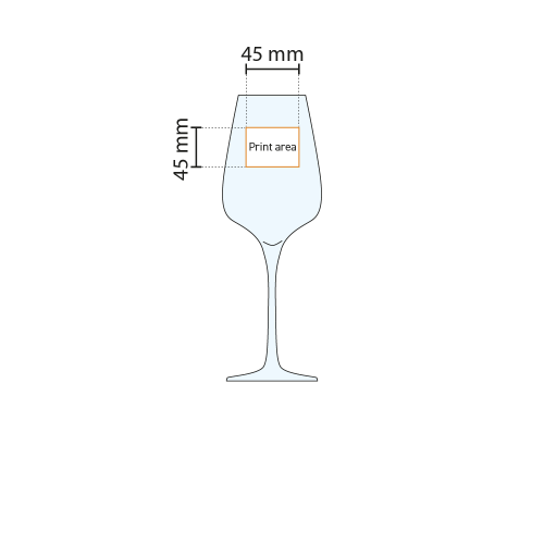 Technische werktekening van het Sublym wijnglas 45 cl. met aanduiding van het drukgebied op het glas. Technische werktekening van het Sublym wijnglas 45 cl. met aanduiding van het drukgebied op het glas.