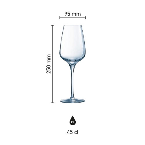 Infographic met productafmetingen van het Sublym wijnglas 45 cl. inclusief hoogte en diameter. Infographic met productafmetingen van het Sublym wijnglas 45 cl. inclusief hoogte en diameter.