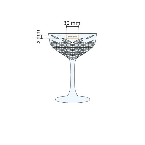 Technische werktekening van de Timeless champagnecoupe 25,5 cl. met aanduiding van het drukgebied. Technische werktekening van de Timeless champagnecoupe 25,5 cl. met aanduiding van het drukgebied.