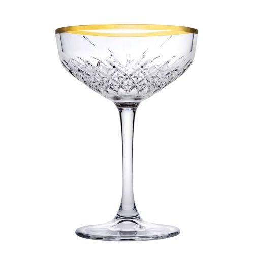 Voorzijde van de Timeless champagnecoupe 25,5 cl. met gouden rand en klassieke coupevorm. Voorzijde van de Timeless champagnecoupe 25,5 cl. met gouden rand en klassieke coupevorm.