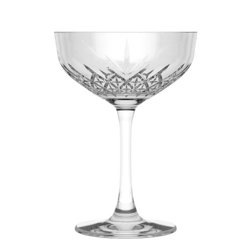Vooraanzicht van de Timeless champagnecoupe 25,5 cl in helder glas met brede, platte kelk. Vooraanzicht van de Timeless champagnecoupe 25,5 cl in helder glas met brede, platte kelk.