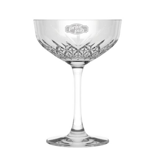 Gegraveerd PrintPub-logo zichtbaar op de voorzijde van de Timeless champagnecoupe 25,5 cl. Gegraveerd PrintPub-logo zichtbaar op de voorzijde van de Timeless champagnecoupe 25,5 cl.