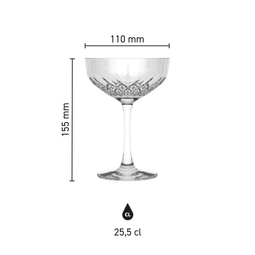 Grafisch overzicht van de maatvoering van de Timeless champagnecoupe 25,5 cl. Grafisch overzicht van de maatvoering van de Timeless champagnecoupe 25,5 cl.