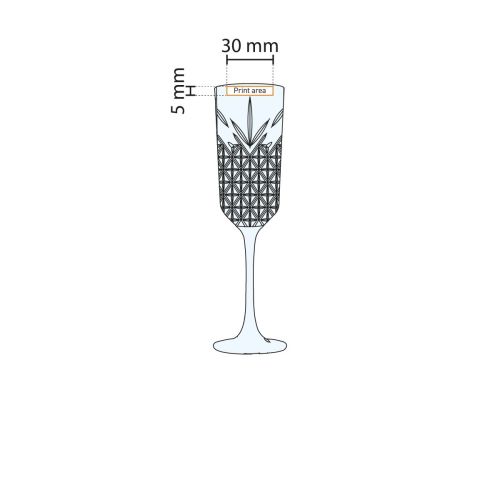 Technische werktekening van de Timeless champagneflute 17,5 cl. met aanduiding van het drukgebied. Technische werktekening van de Timeless champagneflute 17,5 cl. met aanduiding van het drukgebied.
