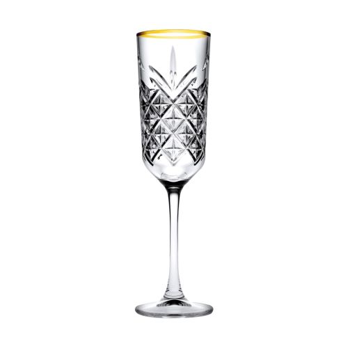 Frontale weergave van de Timeless champagneflute 17,5 cl. met gouden rand in transparant glas met smalle kelk. Frontale weergave van de Timeless champagneflute 17,5 cl. met gouden rand in transparant glas met smalle kelk.
