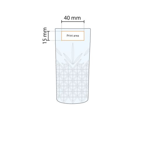 Drukgebied op het glas 30 cl. weergegeven in werktekening met logo-positie. Drukgebied op het glas 30 cl. weergegeven in werktekening met logo-positie.