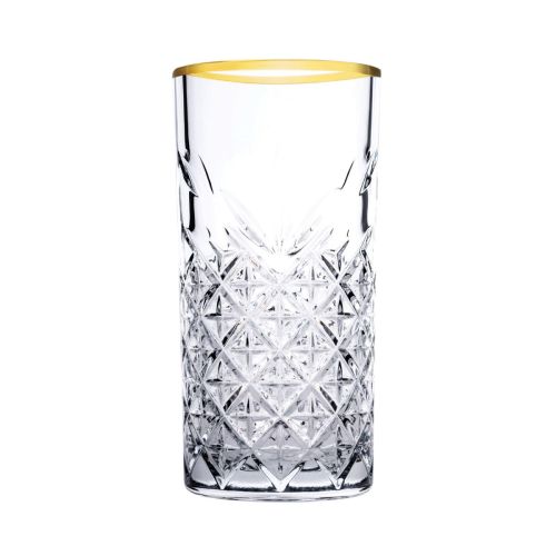 Vooraanzicht van Timeless Longdrink glas 30 cl. met gouden rand en met rechte vorm en geslepen glasstructuur. Vooraanzicht van Timeless Longdrink glas 30 cl. met gouden rand en met rechte vorm en geslepen glasstructuur.