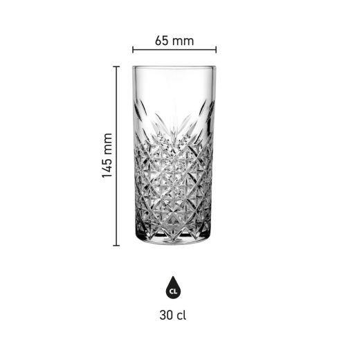 Infographic met hoogte en diameter van het Timeless Longdrink glas 30 cl. Infographic met hoogte en diameter van het Timeless Longdrink glas 30 cl.