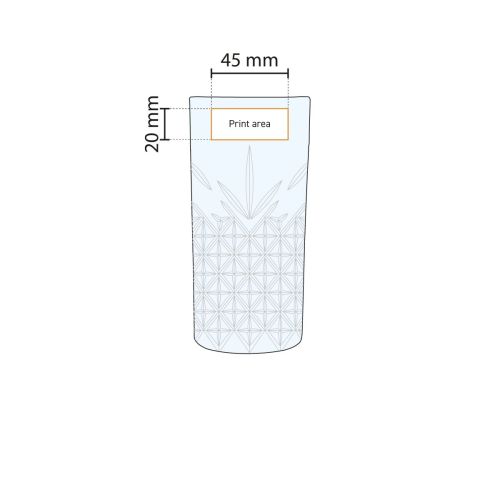 Drukgebied op glaswand van het longdrinkglas 45 cl weergegeven in werktekening. Drukgebied op glaswand van het longdrinkglas 45 cl weergegeven in werktekening.