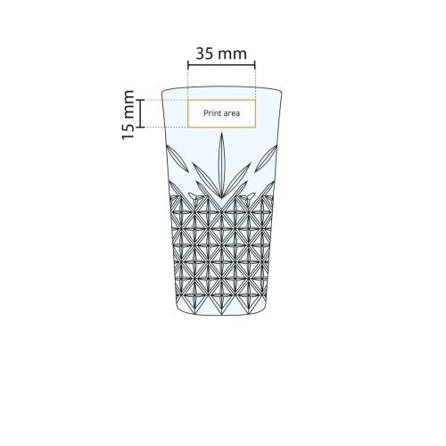 Werkomschrijving van drukgebied op het glasoppervlak van Timeless longdrinkglas 34,5 cl. Werkomschrijving van drukgebied op het glasoppervlak van Timeless longdrinkglas 34,5 cl.
