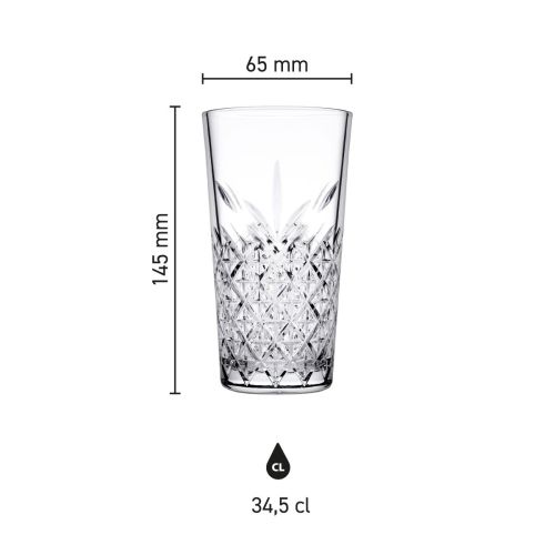 Infographic met hoogte, diameter en inhoud van het Timeless Longdrink stapelglas 34,5 cl. Infographic met hoogte, diameter en inhoud van het Timeless Longdrink stapelglas 34,5 cl.