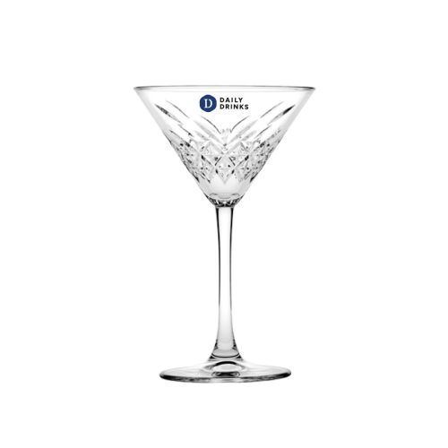 Vooraanzicht van martini-glas 23 cl. met meerkleurig DailyDrinks-logo op de kelk. Vooraanzicht van martini-glas 23 cl. met meerkleurig DailyDrinks-logo op de kelk.