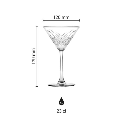 Infographic met hoogte, diameter en inhoud van het Timeless Martini glas 23 cl. Infographic met hoogte, diameter en inhoud van het Timeless Martini glas 23 cl.
