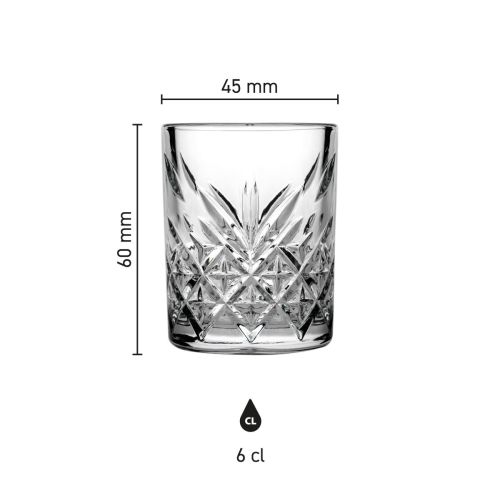 Infographic met maatvoering van het Timeless Shotglas 6 cl. in hoogte en diameter. Infographic met maatvoering van het Timeless Shotglas 6 cl. in hoogte en diameter.