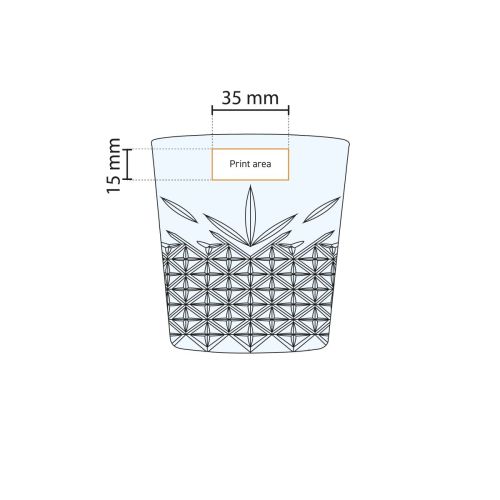 Schematische werktekening van het drukgebied op het Timeless stapelglas van 34,5 cl met logo-indicatie. Schematische werktekening van het drukgebied op het Timeless stapelglas van 34,5 cl met logo-indicatie.