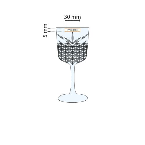 Illustratie van drukgebied op het Timeless wijnglas 33 cl. met indicatie voor bedrukking of gravure. Illustratie van drukgebied op het Timeless wijnglas 33 cl. met indicatie voor bedrukking of gravure.