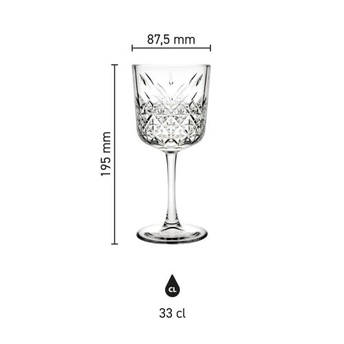 Infographic toont hoogte, breedte en inhoud van het Timeless wijnglas van 33 cl. met maatvoering. Infographic toont hoogte, breedte en inhoud van het Timeless wijnglas van 33 cl. met maatvoering.