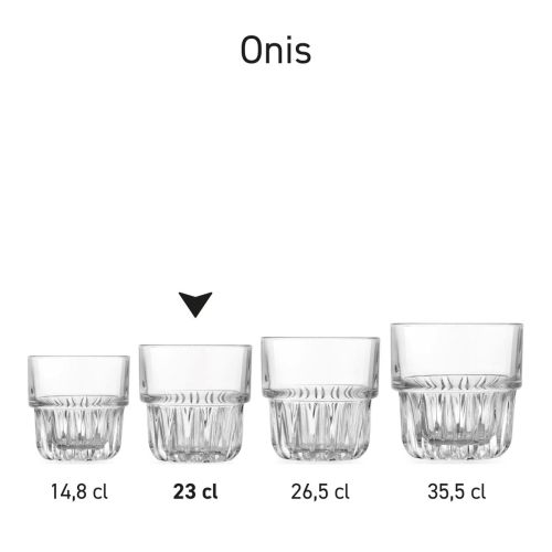 Overzicht van Tumbler Onis glazen 23 cl. als productserie in rijopstelling. Overzicht van Tumbler Onis glazen 23 cl. als productserie in rijopstelling.
