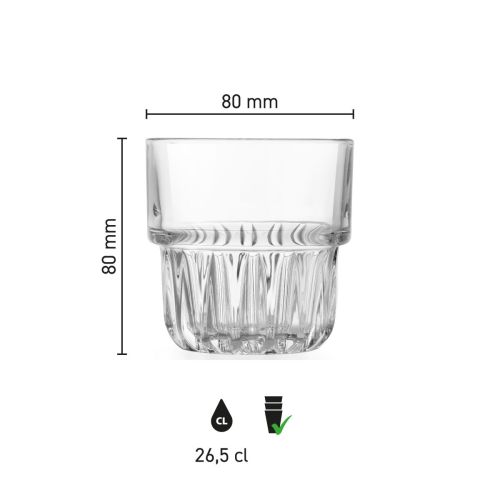 Infographic toont hoogte, diameter en inhoud van het Onis Everest glas 26,5 cl.