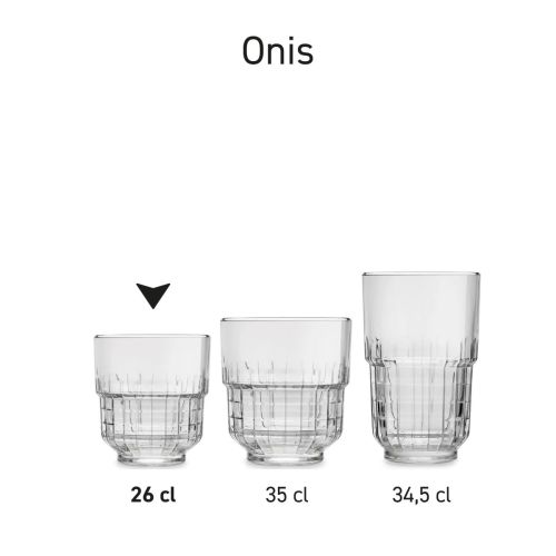 Serie Tumbler Onis glazen van 26 cl. overzichtelijk opgesteld in één productafbeelding.