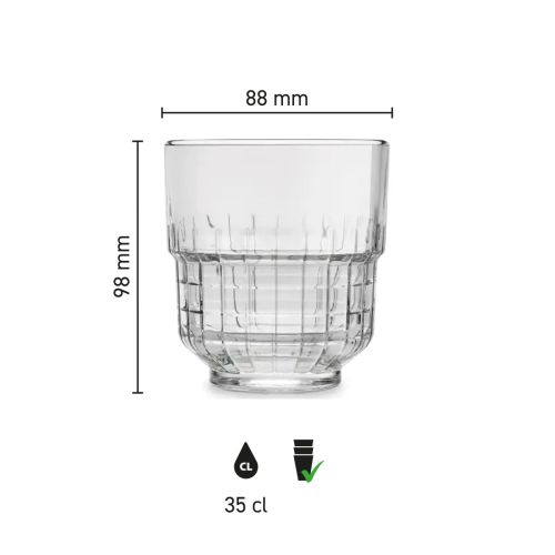 Infographic toont hoogte, diameter en inhoud van het Tumbler Onis glas 35 cl. Infographic toont hoogte, diameter en inhoud van het Tumbler Onis glas 35 cl.
