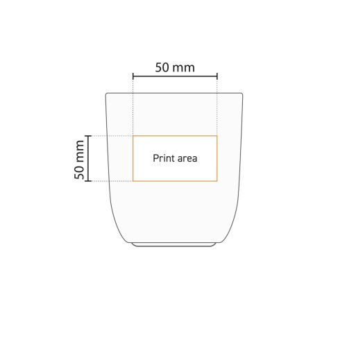 Technische werktekening toont drukgebied op de voorzijde van de porseleinen beker 35 cl. Technische werktekening toont drukgebied op de voorzijde van de porseleinen beker 35 cl.