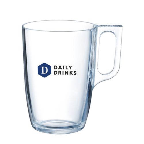 Vooraanzicht van Voluto glas 40 cl. met meerkleurig DailyDrinks-logo op het oppervlak. Vooraanzicht van Voluto glas 40 cl. met meerkleurig DailyDrinks-logo op het oppervlak.