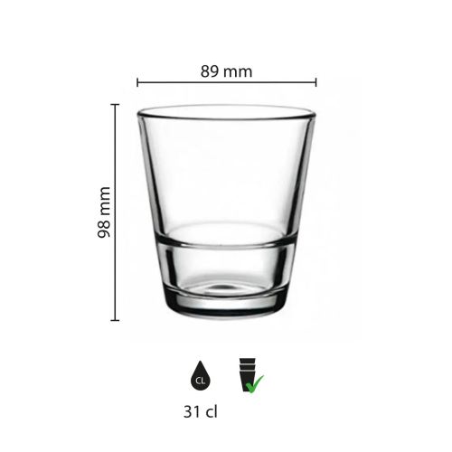 Infografiek met maatvoering van het stapelbare waterglas Grande S 31 cl, inclusief hoogte en diameter. Infografiek met maatvoering van het stapelbare waterglas Grande S 31 cl, inclusief hoogte en diameter.