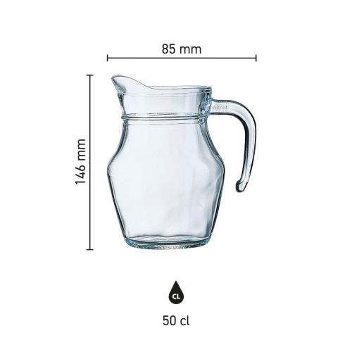 Infographic toont afmetingen van glazen waterkan Broc Arc 0,5 liter met maatvoering in millimeters. Infographic toont afmetingen van glazen waterkan Broc Arc 0,5 liter met maatvoering in millimeters.