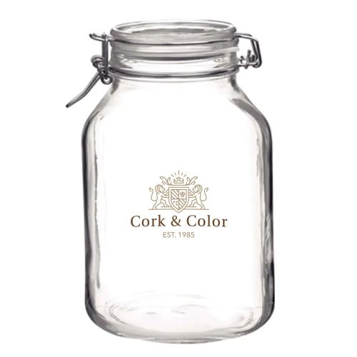 Weckpot Fido 5 liter met meerkleurig CorkColor-logo op het voorvlak van het ronde glas. Weckpot Fido 5 liter met meerkleurig CorkColor-logo op het voorvlak van het ronde glas.