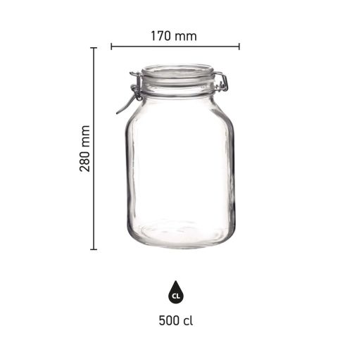 Infographic met hoogte, diameter en inhoud van de ronde Weckpot Fido 5 liter in duidelijke maatverdeling. Infographic met hoogte, diameter en inhoud van de ronde Weckpot Fido 5 liter in duidelijke maatverdeling.