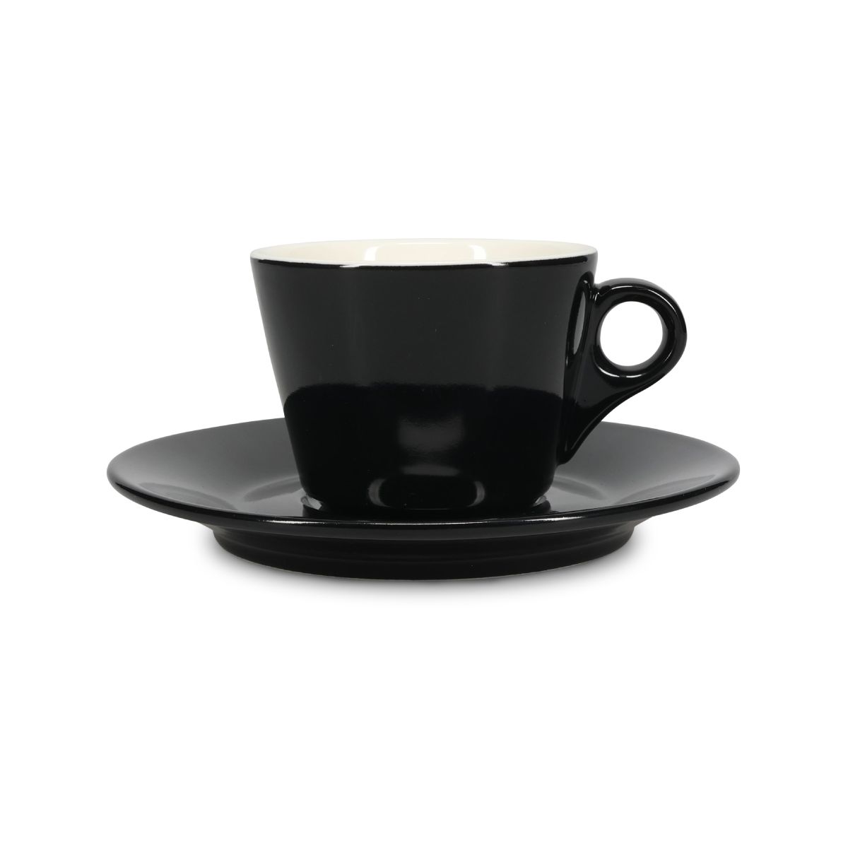 Vooraanzicht van Baristo Koffie 16 cl. SET porselein, bestaande uit kop en schotel in zwart-wit porselein.