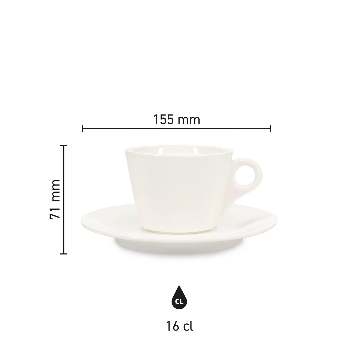 Meetoverzicht van Baristo Koffie 16 cl. SET toont inhoud, diameter en hoogte van kop en schotel.