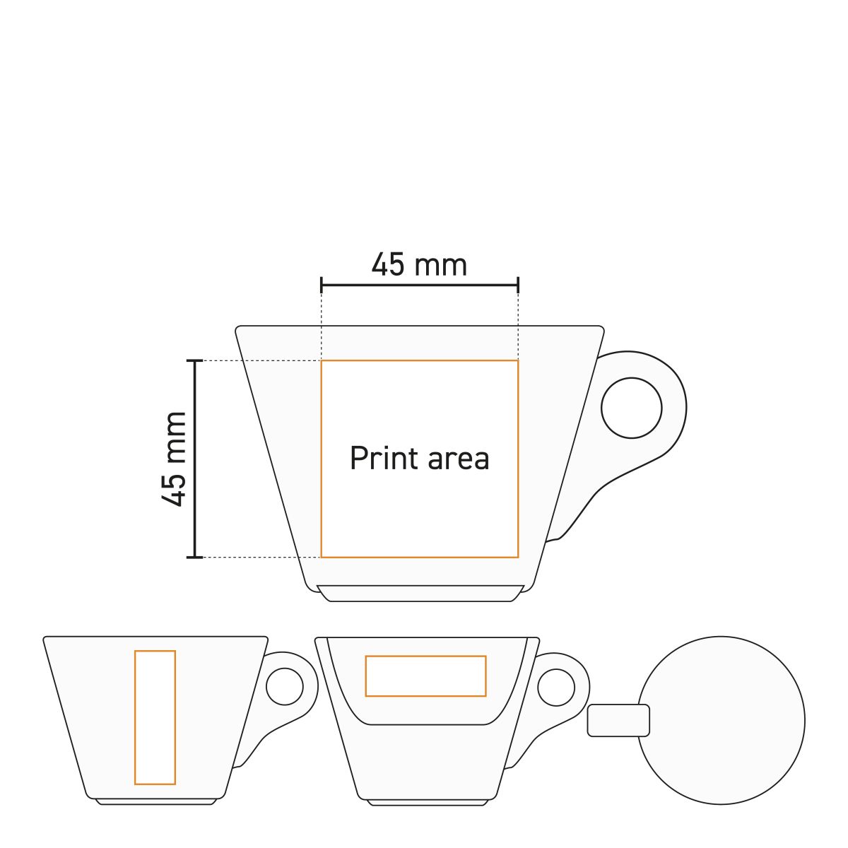 Drukgebied op werktekening toont logopositie voor de Baristo koffie kop 16 cl. porselein.