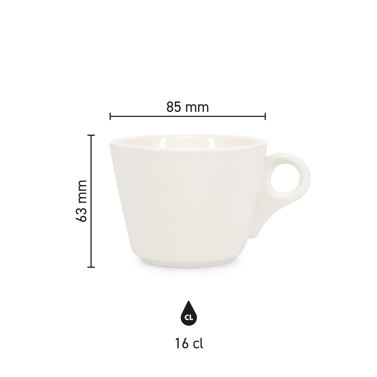 Infographic met gedetailleerde productafmetingen van Baristo koffie kop 16 cl. porselein.