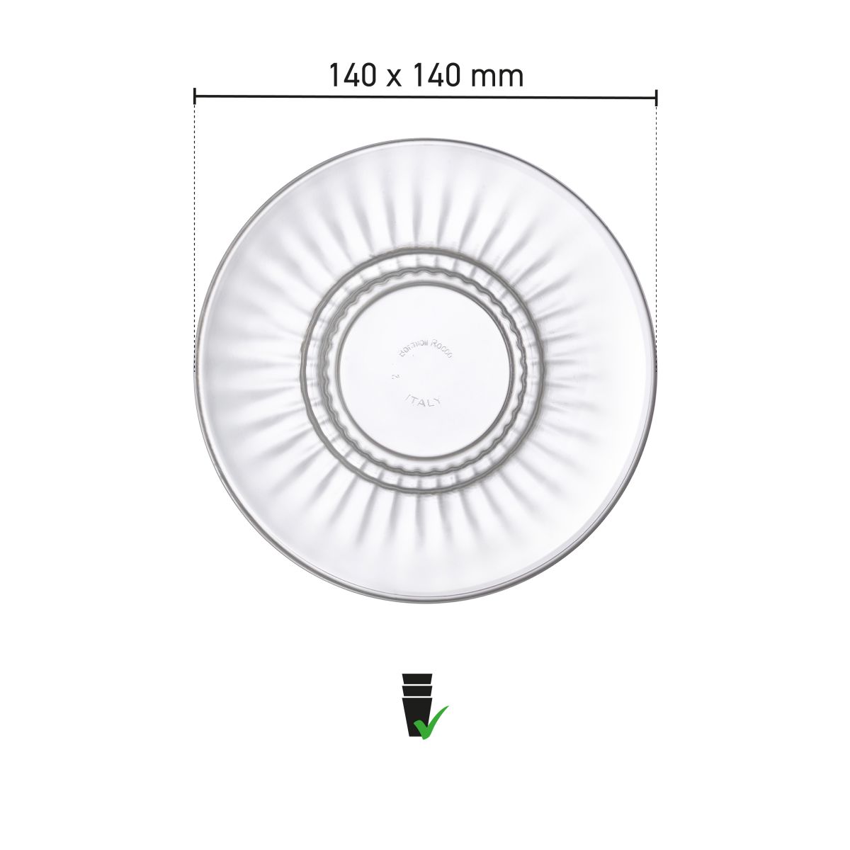 Infographic met exacte productafmetingen van Barshine thee en latte schotel 14 cm glas.