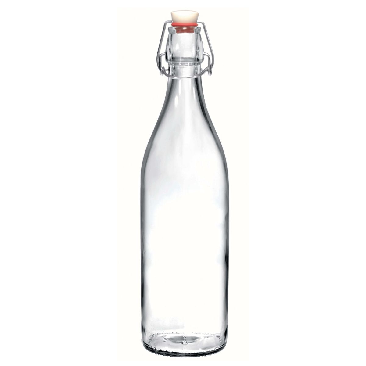 Frontaal beeld van ronde beugelfles Giara 1 liter glas met brede hals en stevige beugelsluiting. Frontaal beeld van ronde beugelfles Giara 1 liter glas met brede hals en stevige beugelsluiting.