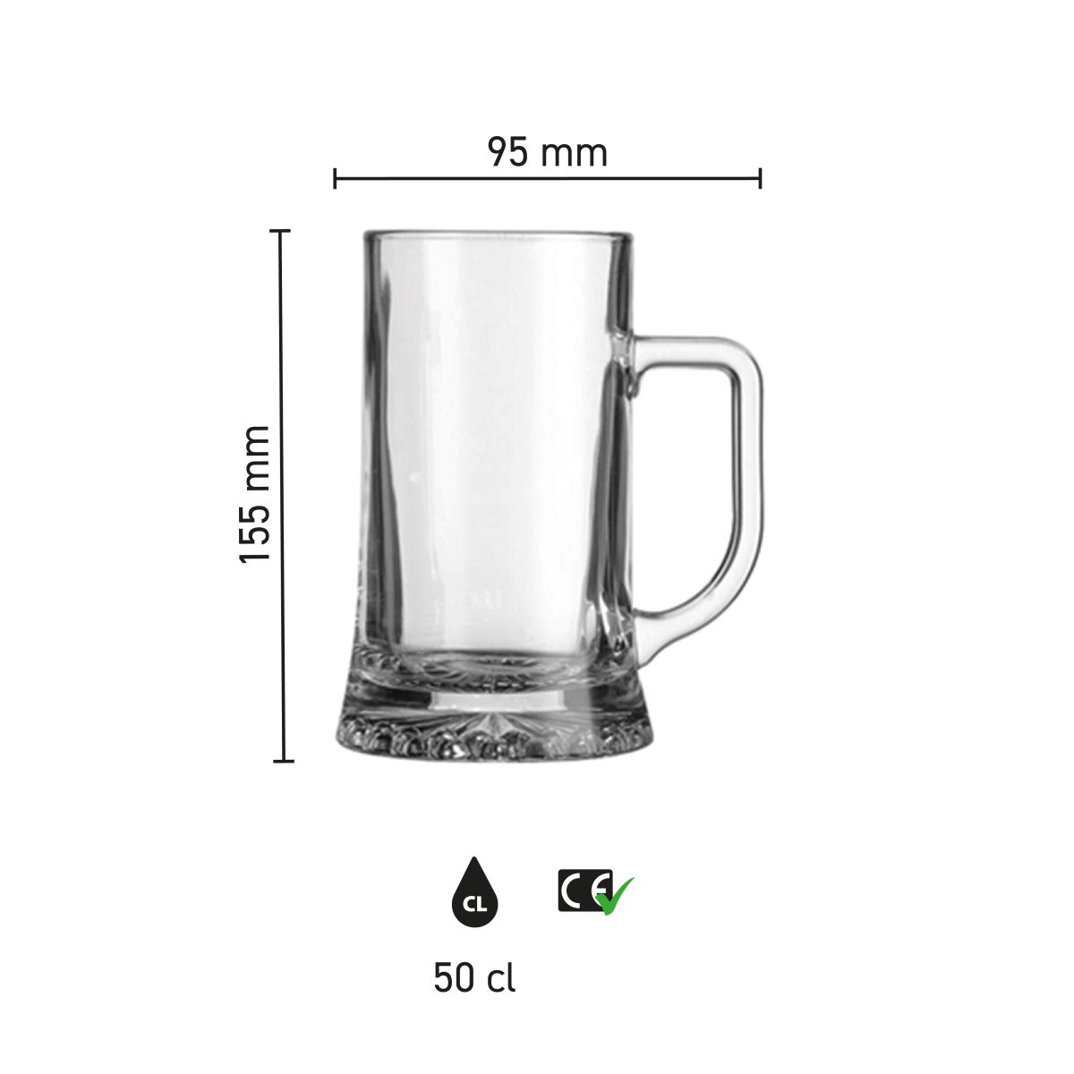 Infographic toont afmetingen van bierpul Maxim 50 cl. glas met hoogte en diameter.