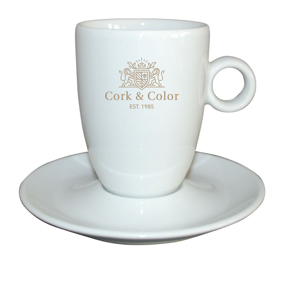 Witte porseleinen Bola cappuccino set 25 cl. met 1-kleurig CorkColor-logo op de voorzijde.
