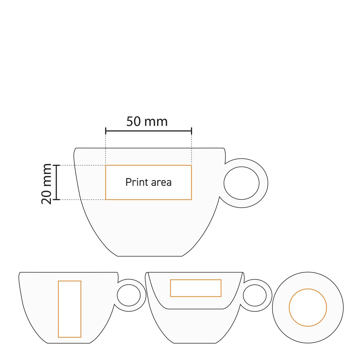 Technische werktekening van porseleinen Bola Cappuccino kop 20 cl met gemarkeerd drukgebied voor logo.