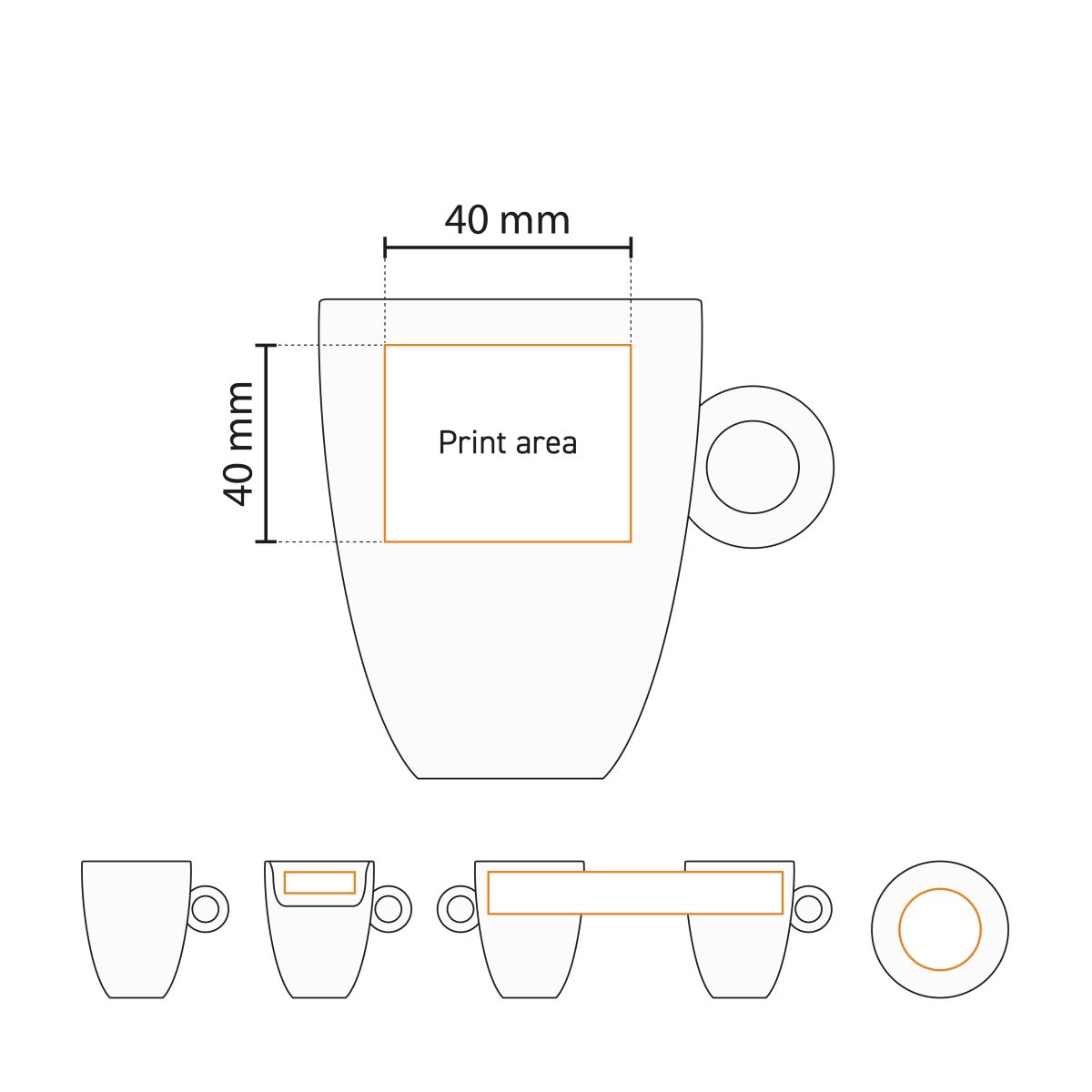 Drukgebied van Bola Cappuccino kop hoog wit 25 cl. porselein zichtbaar in werktekening.