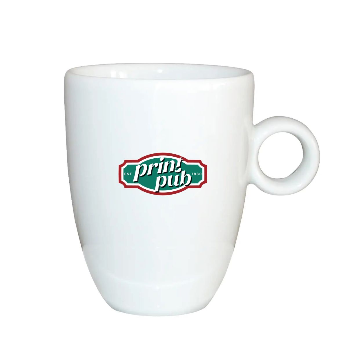 Voorzijde van Bola Cappuccino kop 25 cl met PrintPub-logo in meerdere kleuren op glad wit porselein.