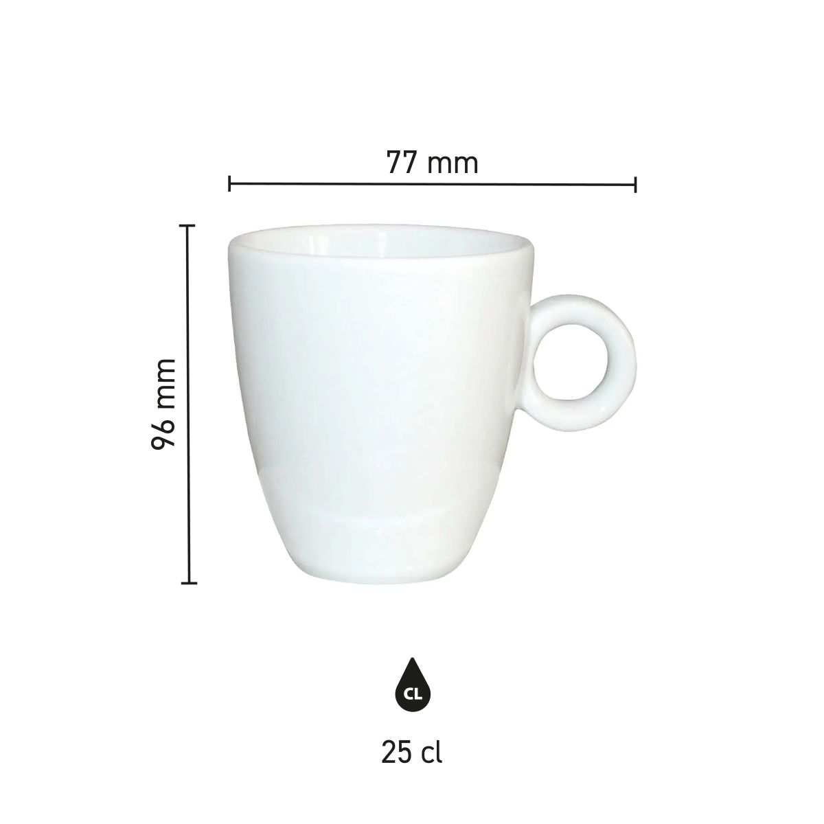 Infographic met maatvoering van Bola Cappuccino kop hoog wit 25 cl. porselein toont hoogte en diameter.