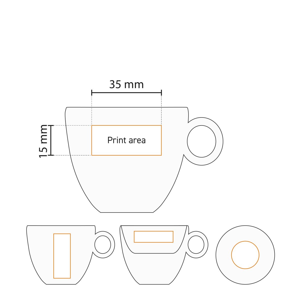 Technische werktekening met drukgebied op de voorzijde van Bola espresso kop 8 cl in wit porselein.